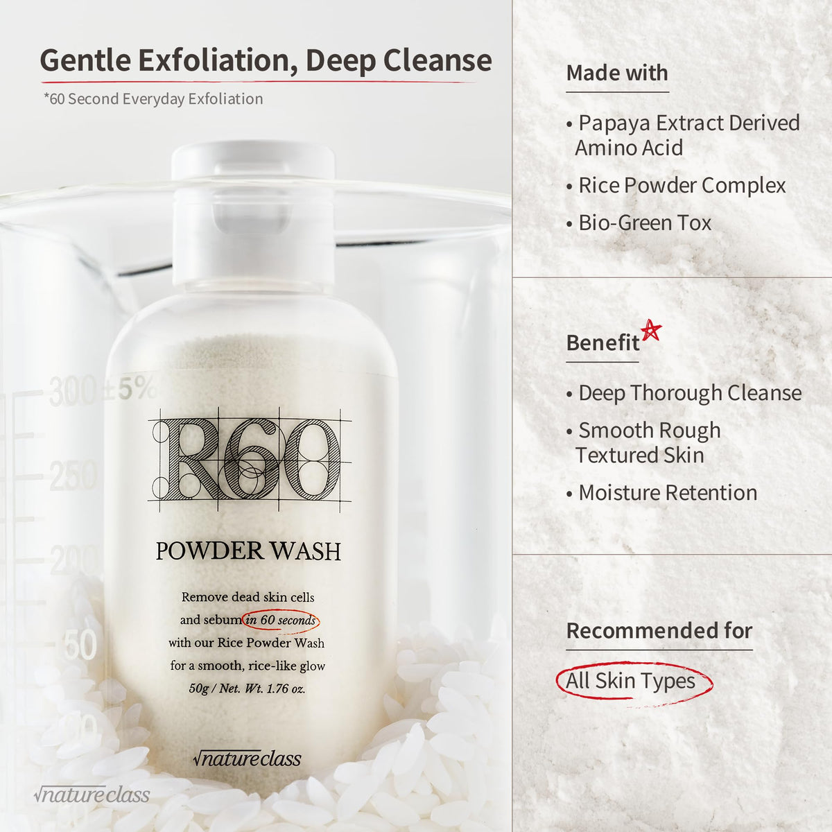 NATURECLASS close-up of ultra-fine rice powder texture highlighting gentle exfoliation
