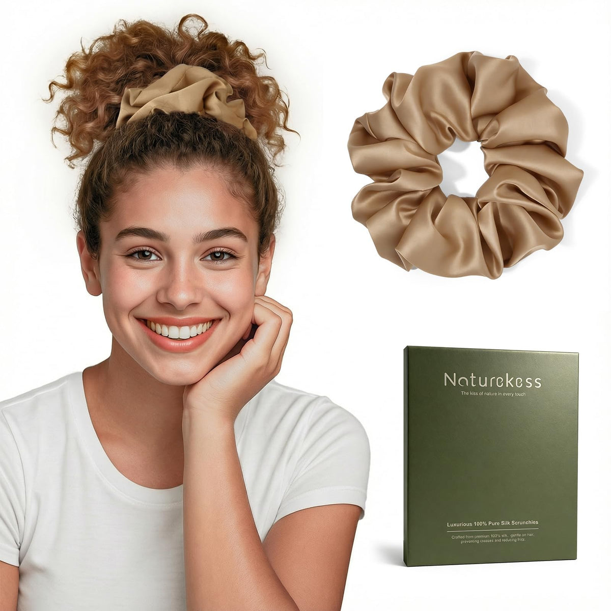NatureKess silk scrunchie front packaging shows premium gift-ready box benefit