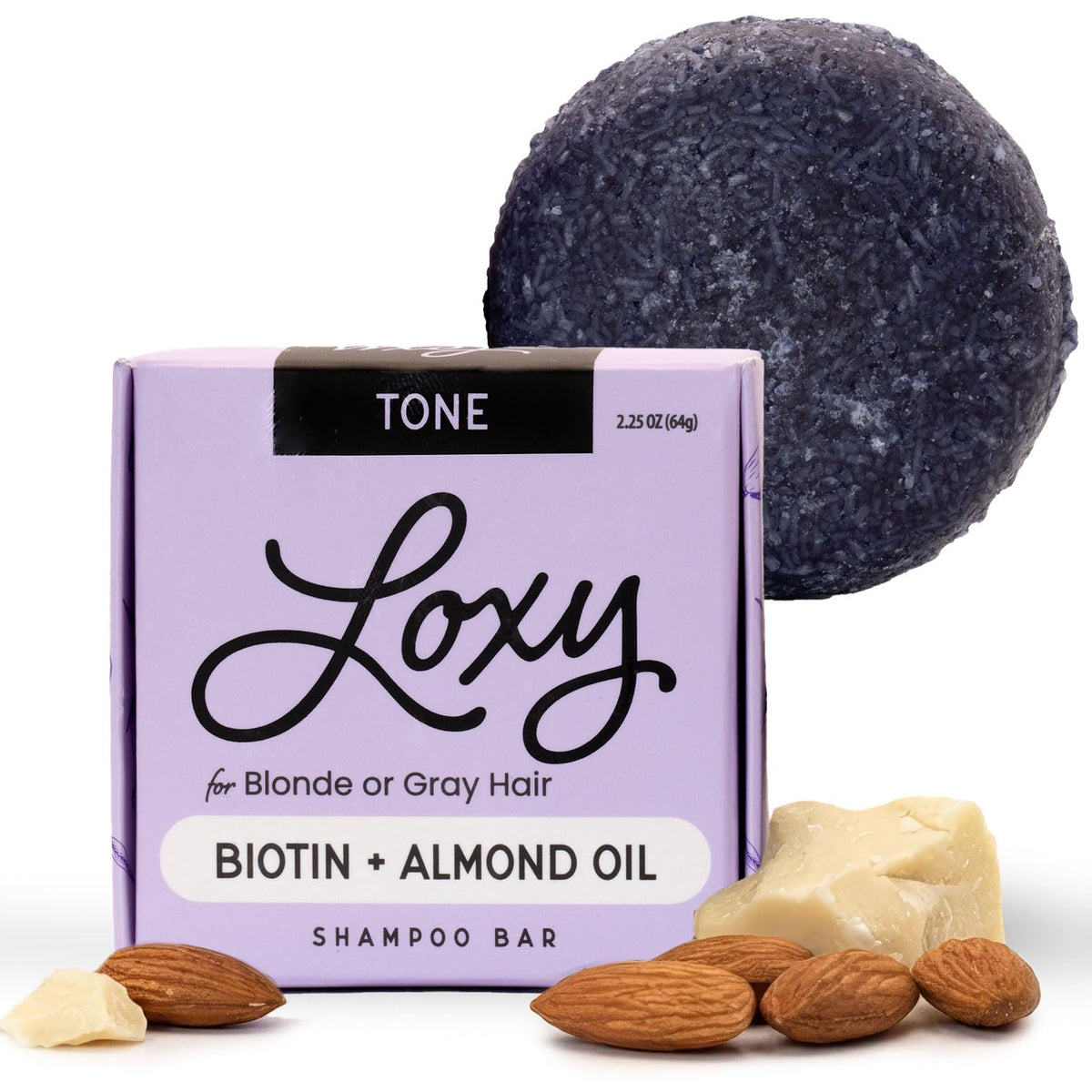 NATURÉL Loxy bar front view showing compact purple shampoo benefits