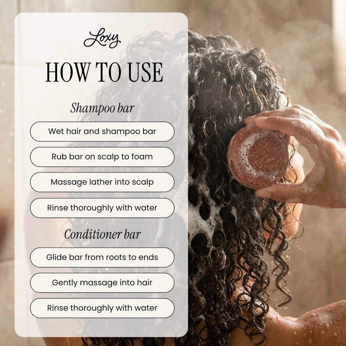 NATURÉL Loxy Relax conditioner bar showing creamy slip for detangling