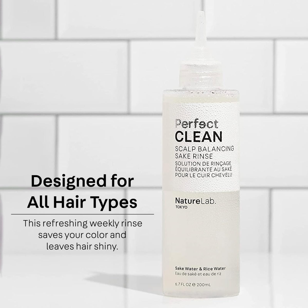 NATURELAB. TOKYO rice water ingredient shot emphasizing hydration benefits for scalp
