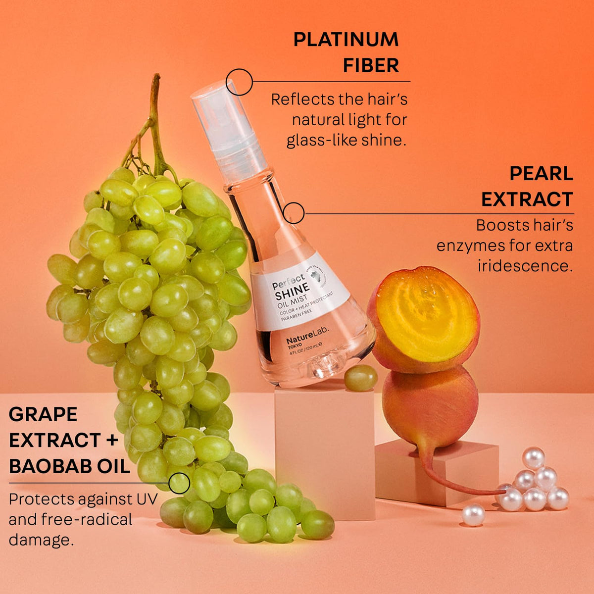 NatureLab.TOKYO mist on hair showing glossy finish and smooth texture
