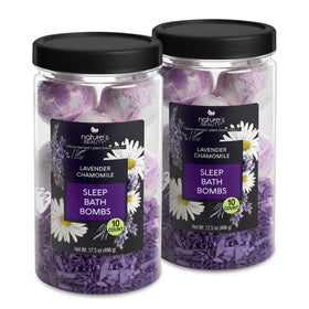 Nature's Beauty front packaging showing two bath bombs and calming branding benefits