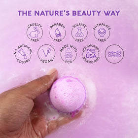 Nature's Beauty bath bomb held in hand showing actual size and easy-to-use portion
