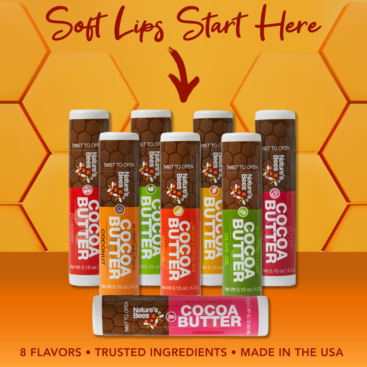 Nature's Bees close-up of creamy lip balm texture highlighting cocoa butter for smooth hydration