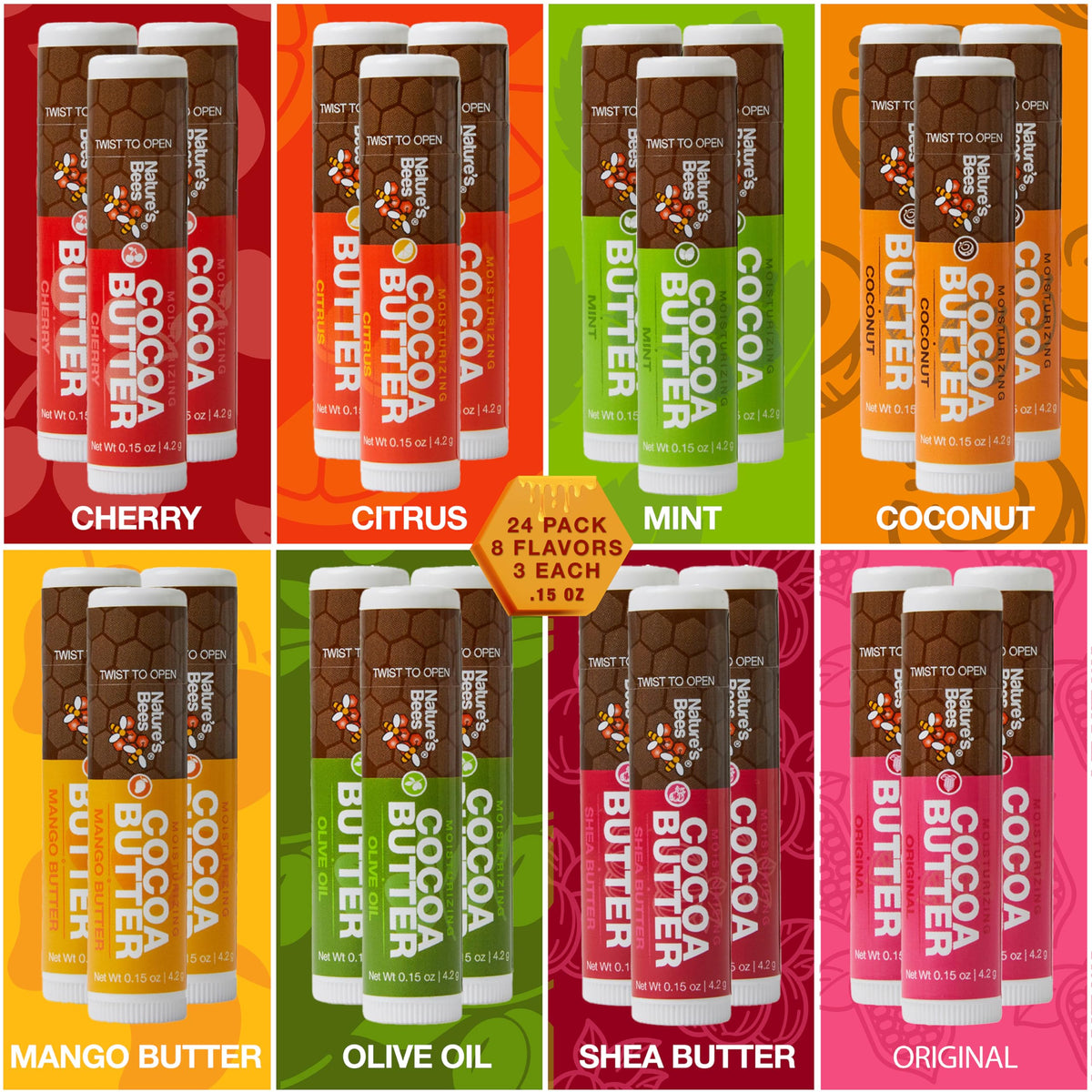 Nature's Bees flavor labels and ingredient list shot emphasizing natural oils and beeswax benefits