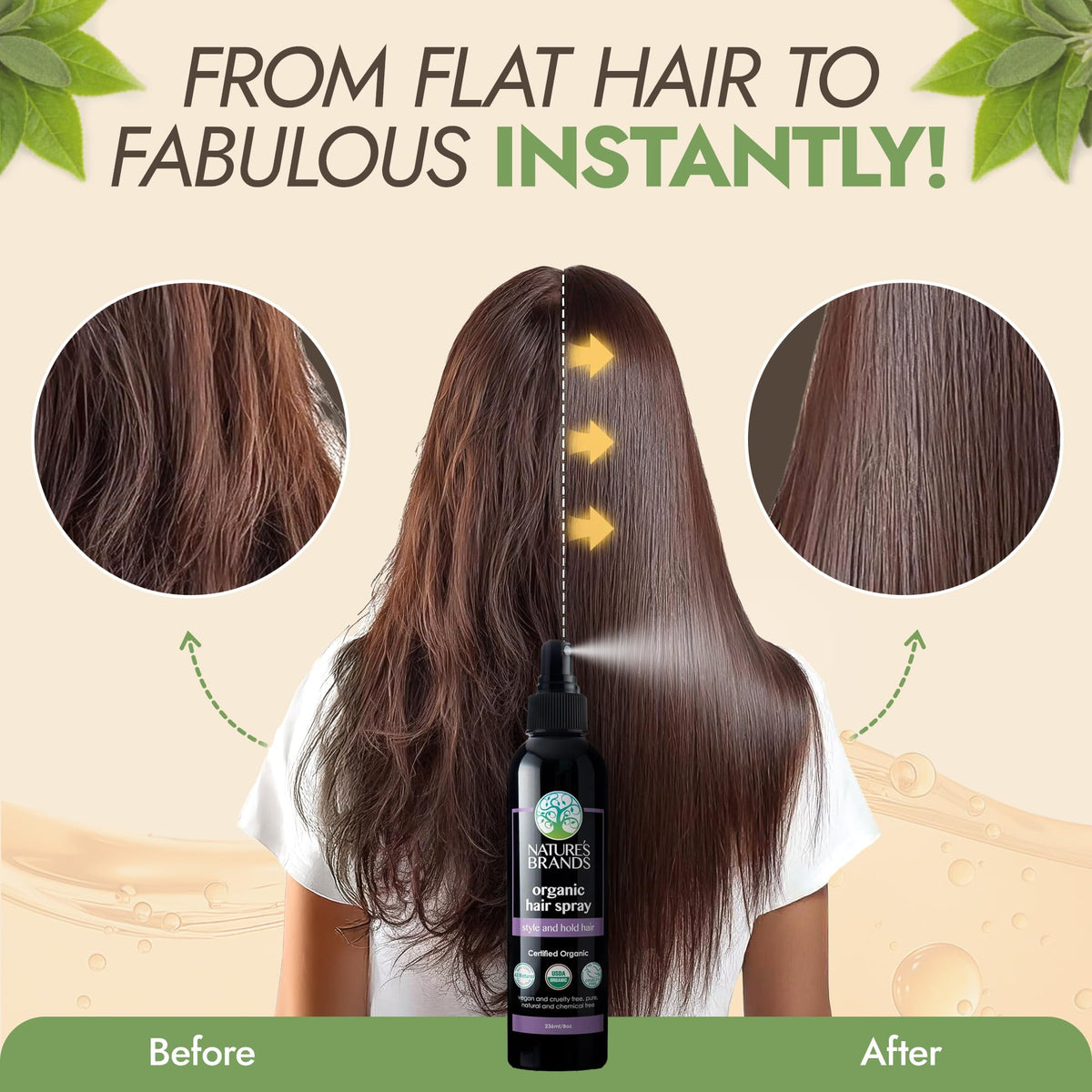 Nature's Brands in-use styling on model adding volume and taming flyaways