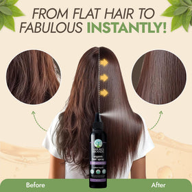 Nature's Brands in-use styling on model adding volume and taming flyaways