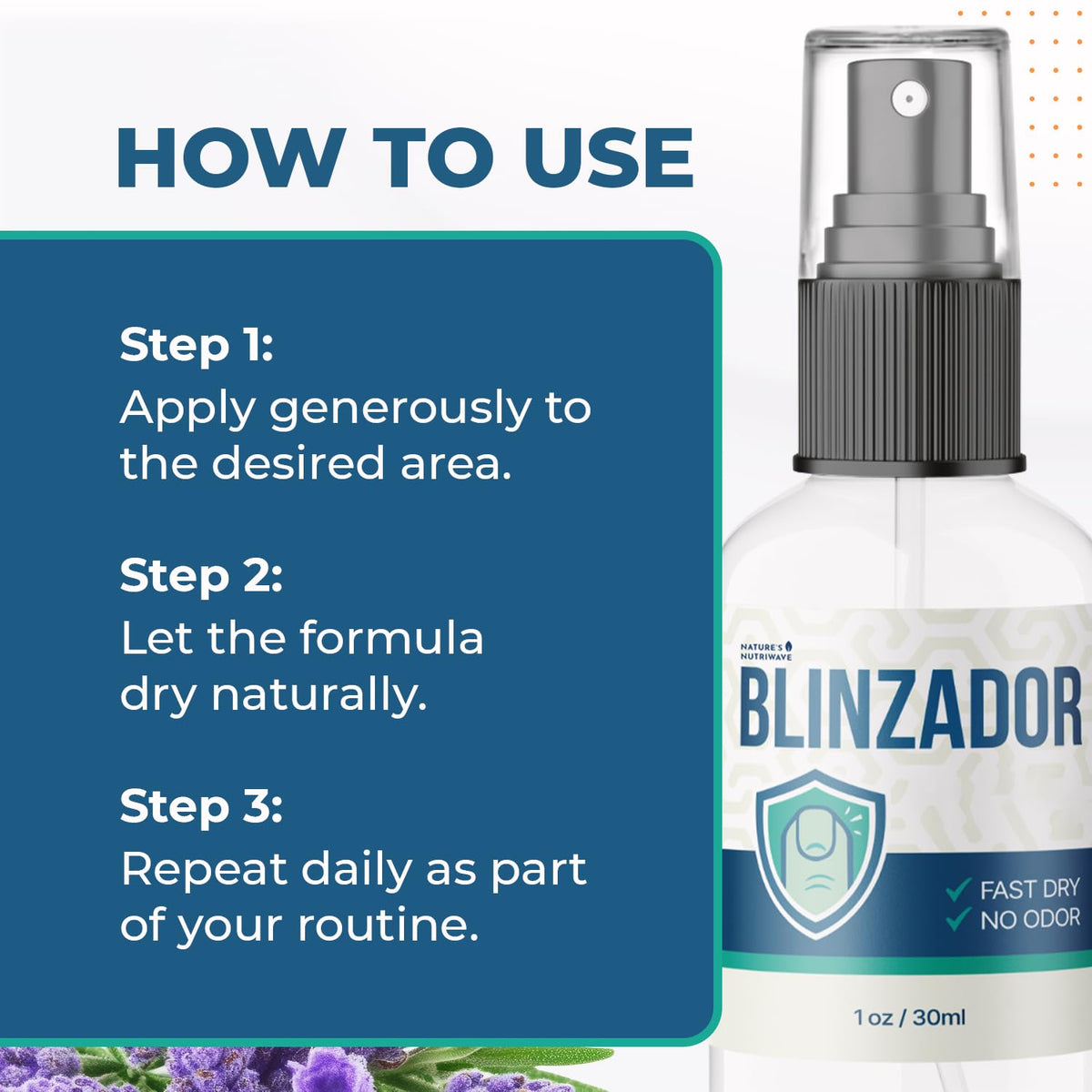 Nature’s NutriWave Blinzador being sprayed on toenail for targeted care benefit