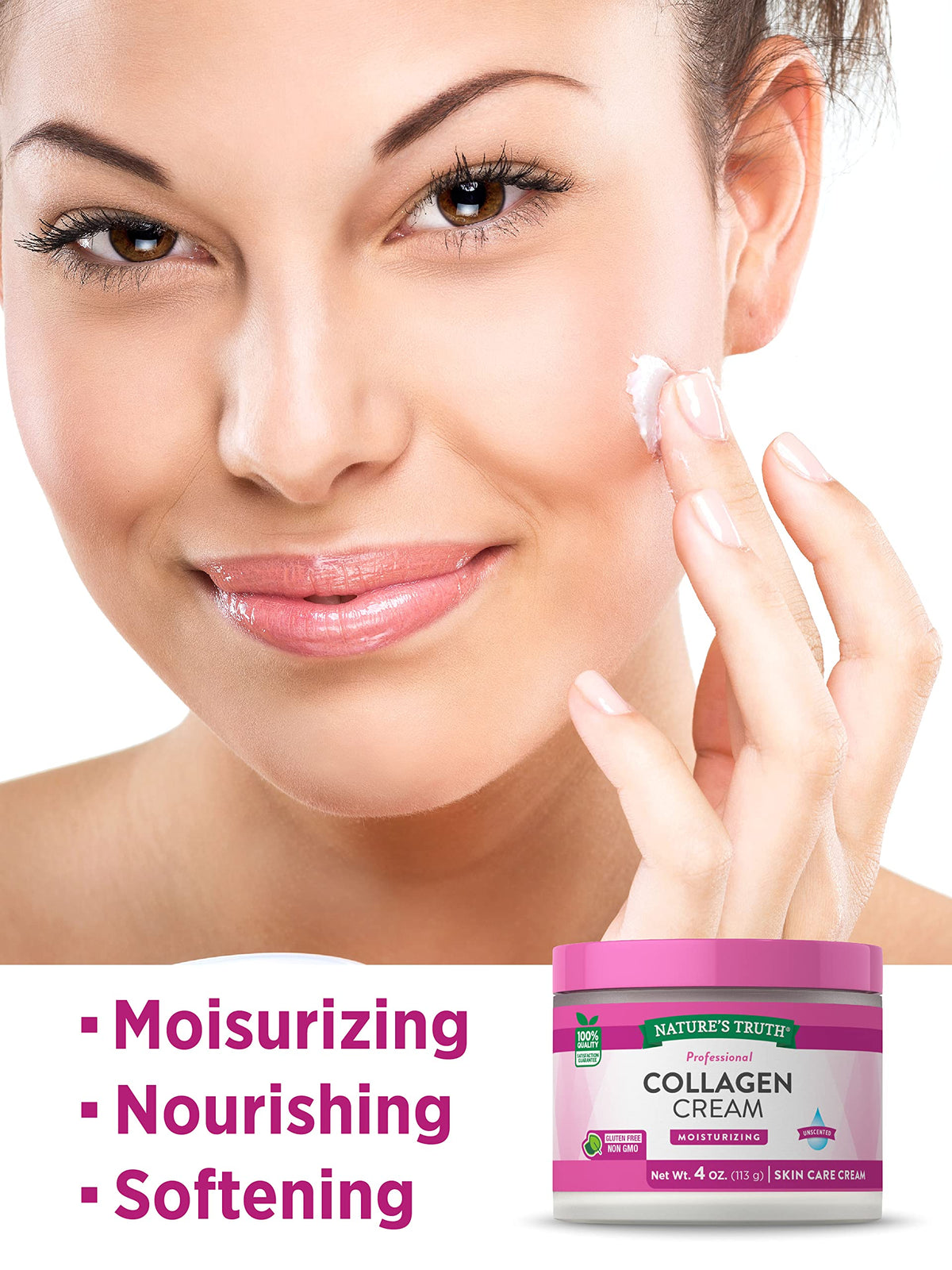 Nature's Truth cream texture close-up showing smooth collagen-rich consistency benefit