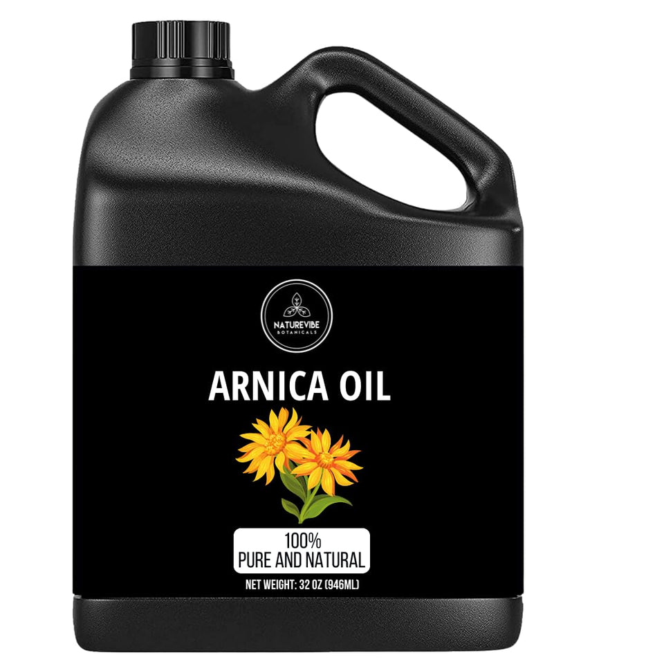 Naturevibe Botanicals arnica oil front jar showing full 32-ounce size and clear labeling