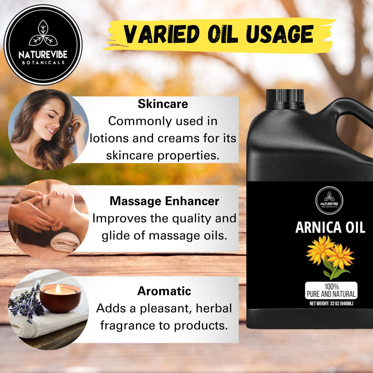 Naturevibe Botanicals arnica oil label detail emphasizing pure cold-pressed ingredient list