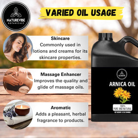 Naturevibe Botanicals arnica oil label detail emphasizing pure cold-pressed ingredient list
