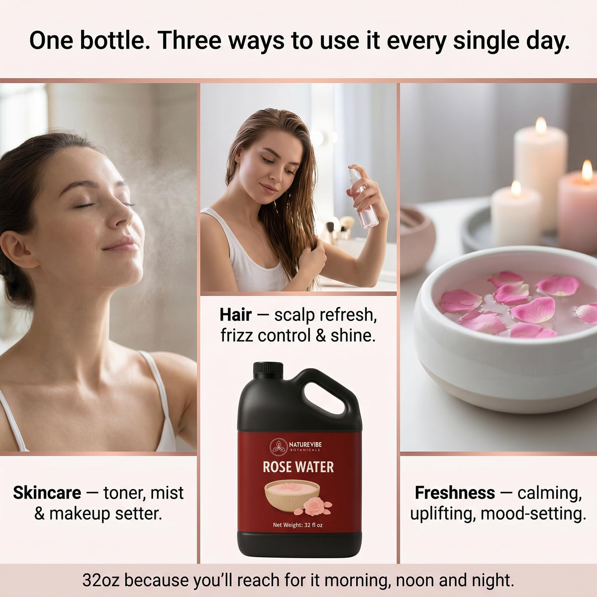 Naturevibe Botanicals bottle in hand to show 32 oz size and value