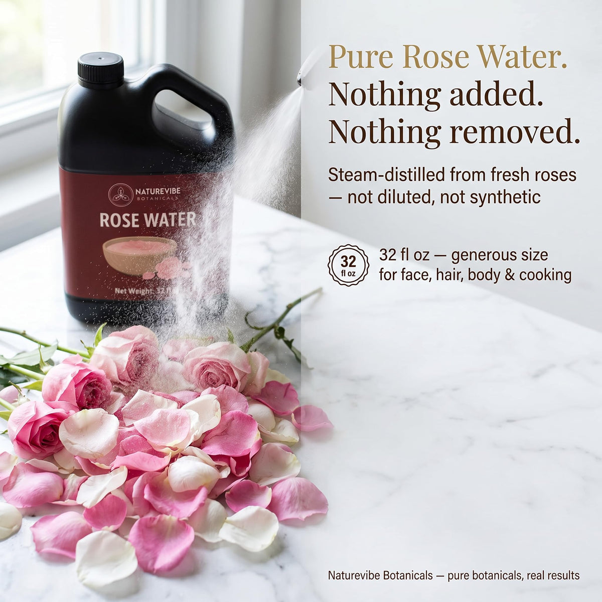 Naturevibe Botanicals pouring rose water texture to show lightweight consistency