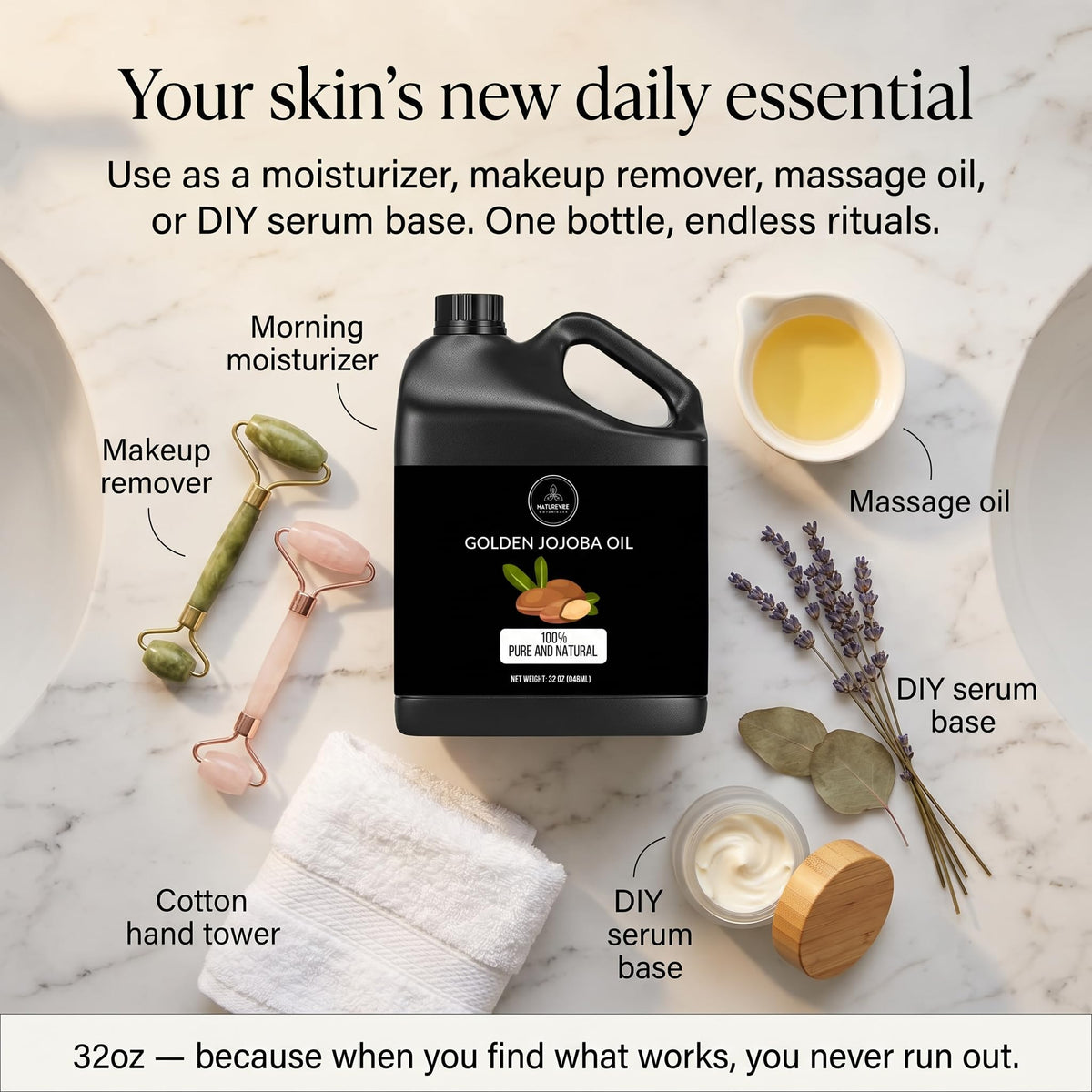 Naturevibe Botanicals oil pouring close-up highlighting smooth texture and absorption
