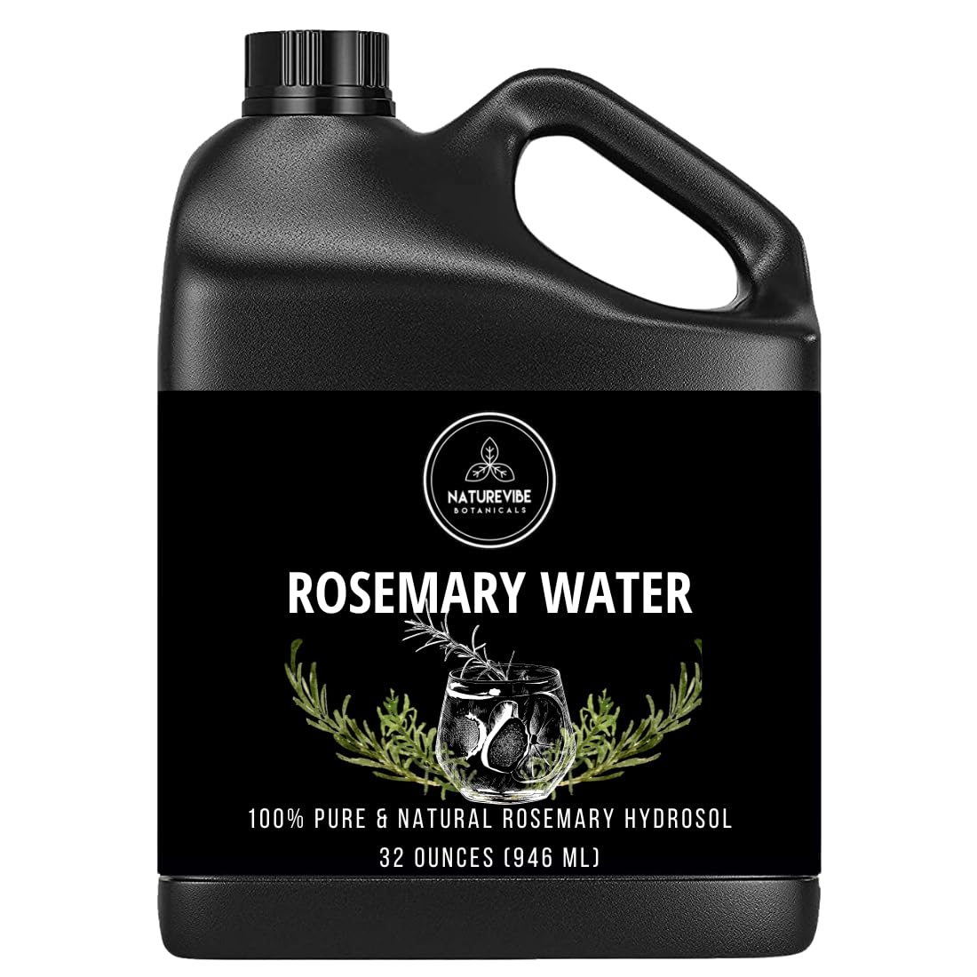 Naturevibe Botanicals front bottle view showing rosemary hydrosol clarity and packaging benefit