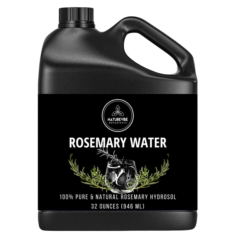 Naturevibe Botanicals front bottle view showing rosemary hydrosol clarity and packaging benefit