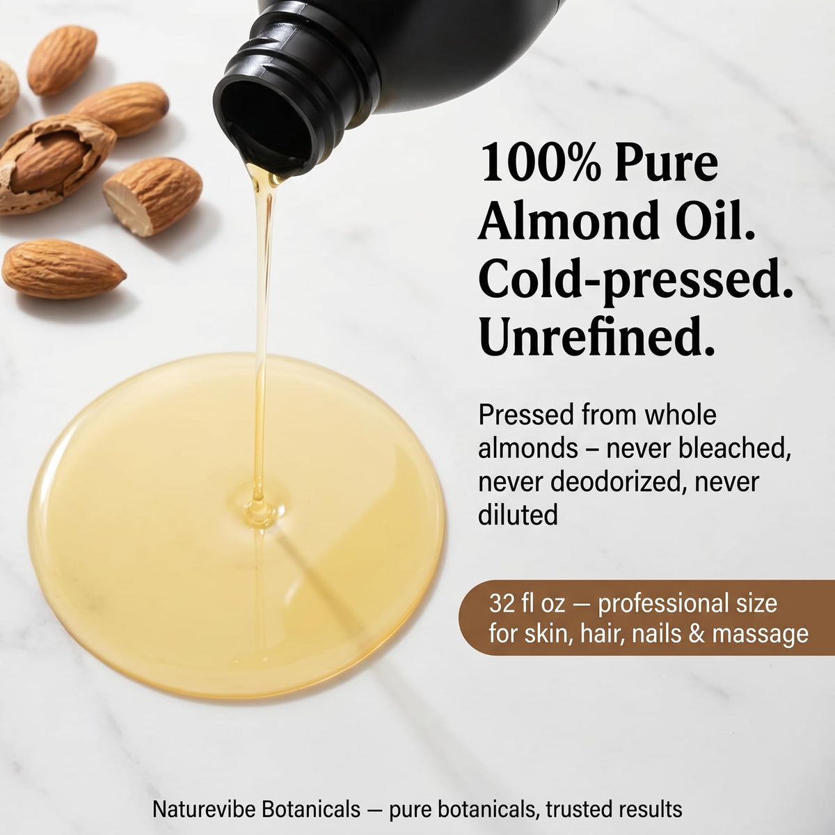 Naturevibe Botanicals almond oil being poured highlighting smooth texture and easy use