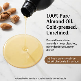 Naturevibe Botanicals almond oil being poured highlighting smooth texture and easy use