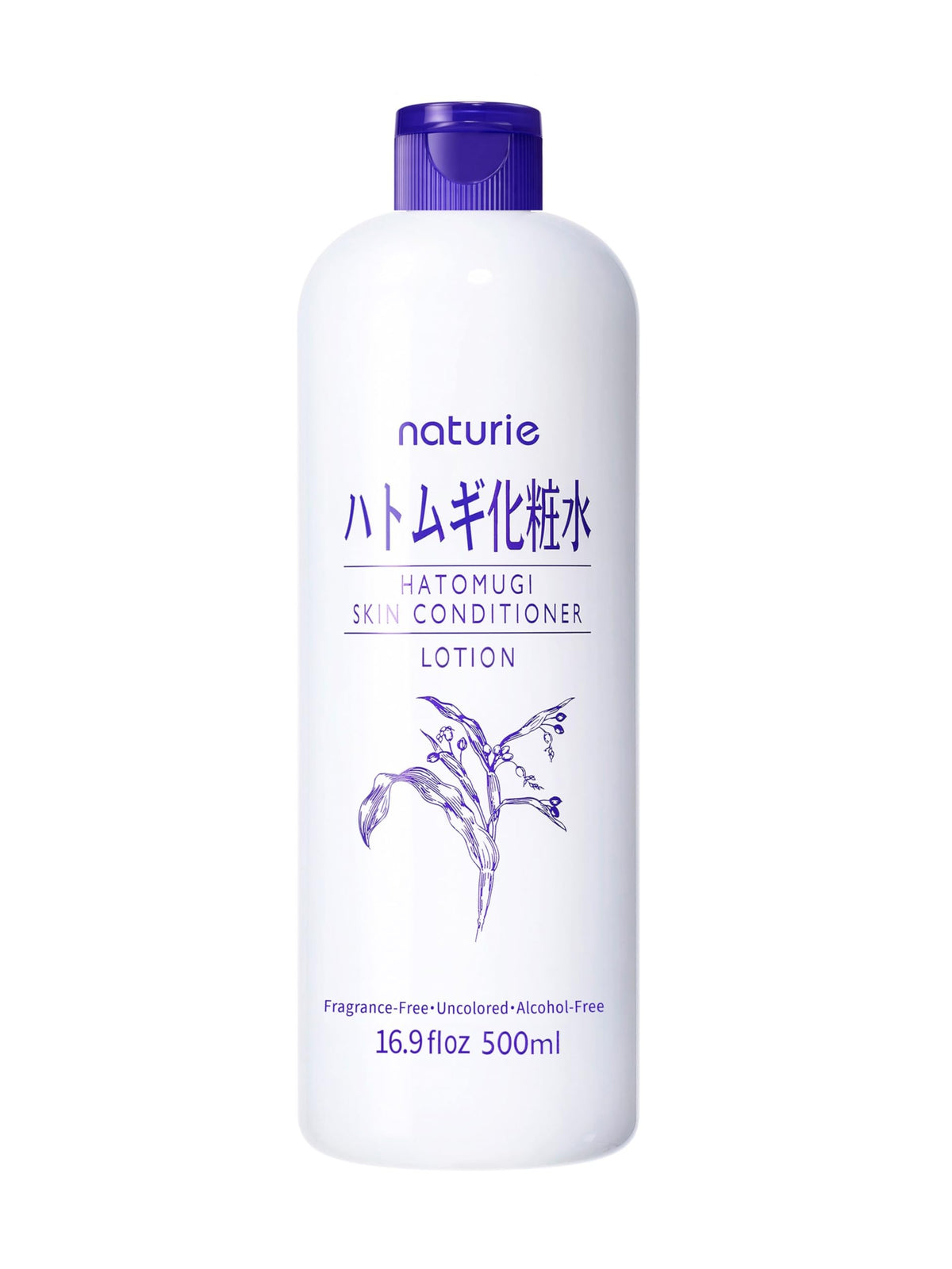 naturie Hatomugi front bottle showing size and minimalist label, highlights simple hydration