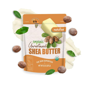 Naturise shea butter beside measuring spoon showing 8 oz scale and usable content