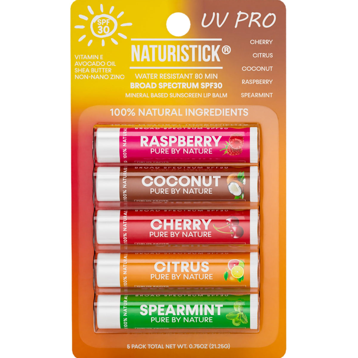 Naturistick UV Pro front packaging showing five assorted tubes and SPF label benefit