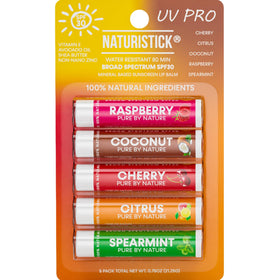 Naturistick UV Pro front packaging showing five assorted tubes and SPF label benefit