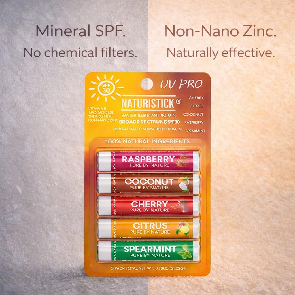 Naturistick UV Pro ingredient visuals with shea butter and oils emphasizing nourishing benefit