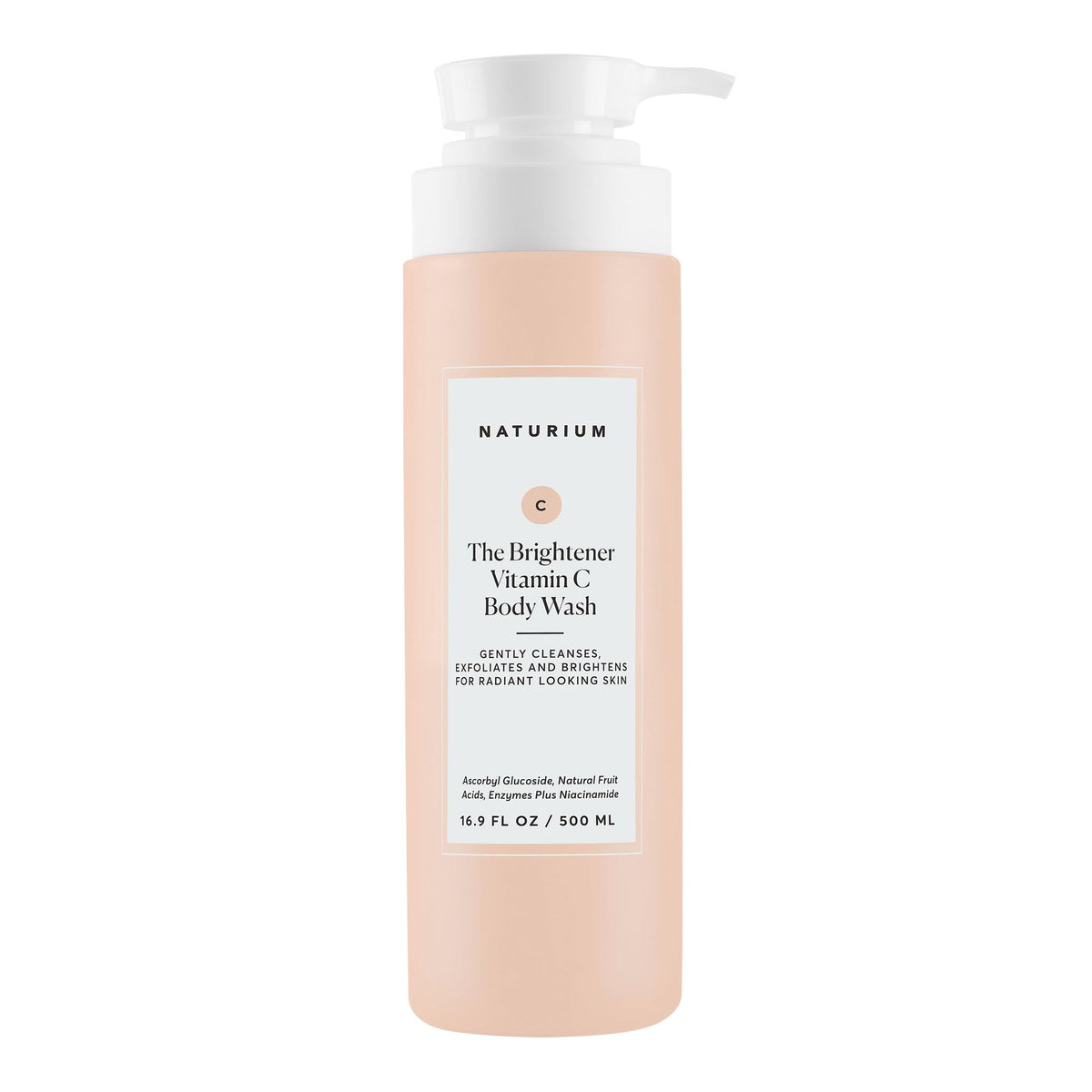 Naturium bottle front view showing brightening body wash and clear labeling benefits