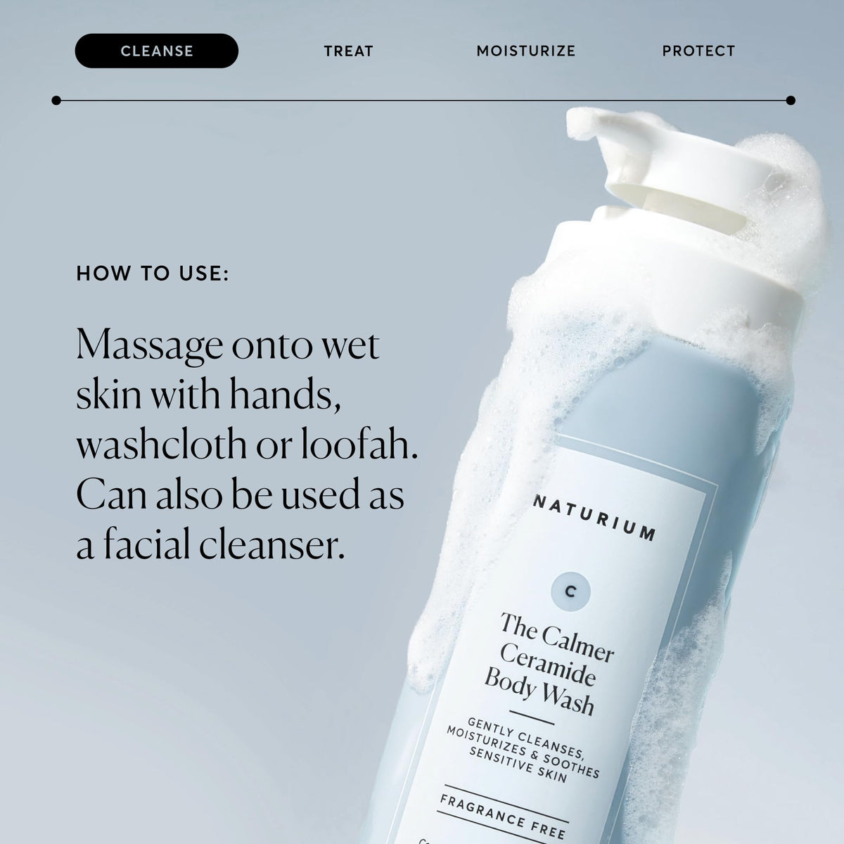 Naturium in-shower usage showing gentle cleansing and soothing comfort