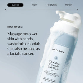 Naturium in-shower usage showing gentle cleansing and soothing comfort