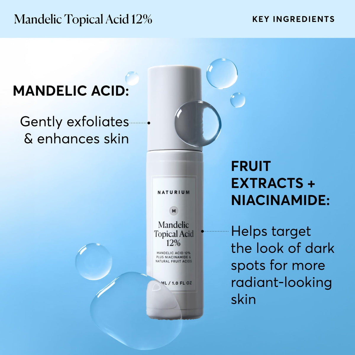 Naturium label ingredients closeup emphasizing mandelic acid and niacinamide benefits