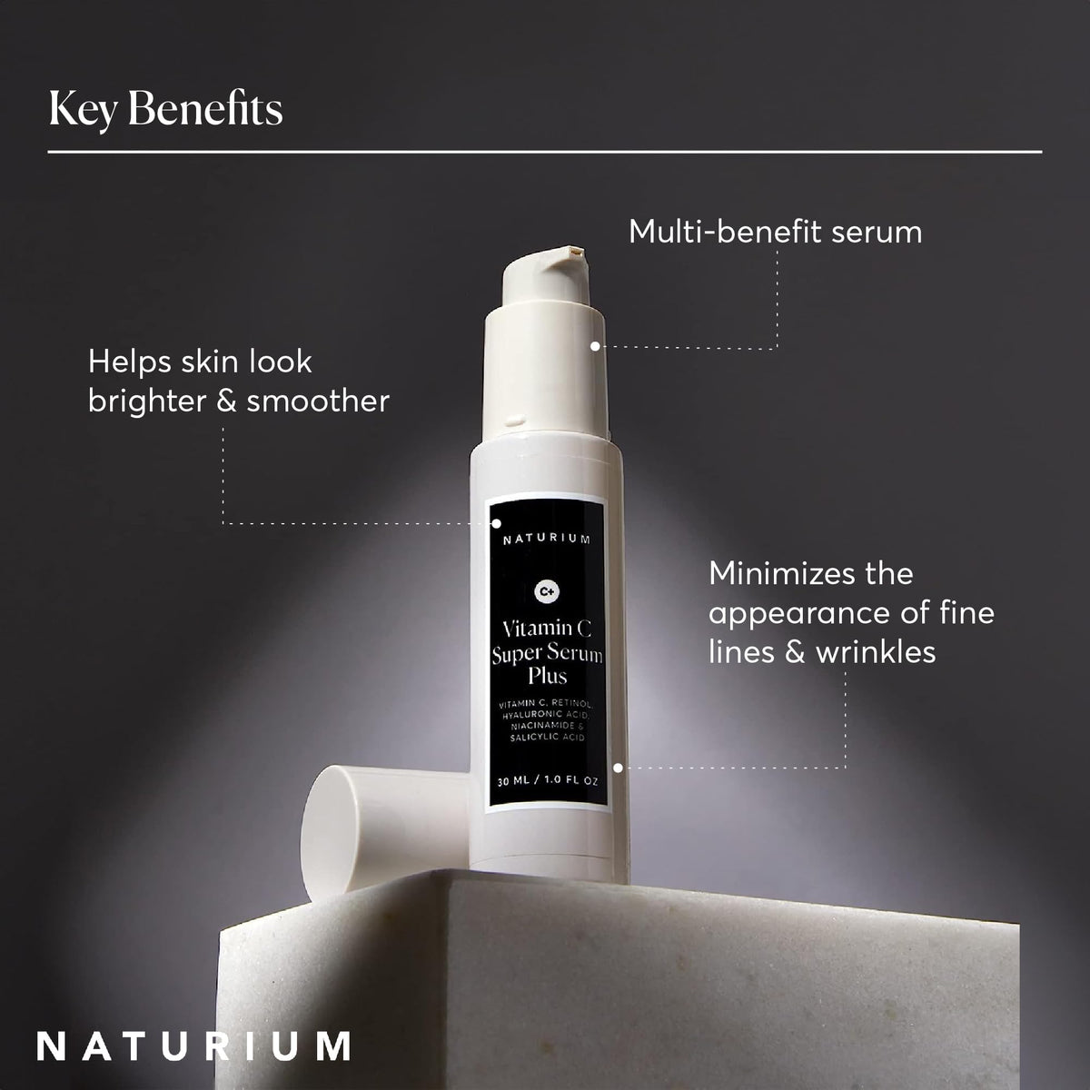 Naturium bottle staged on bathroom shelf to suggest everyday skincare routine benefit