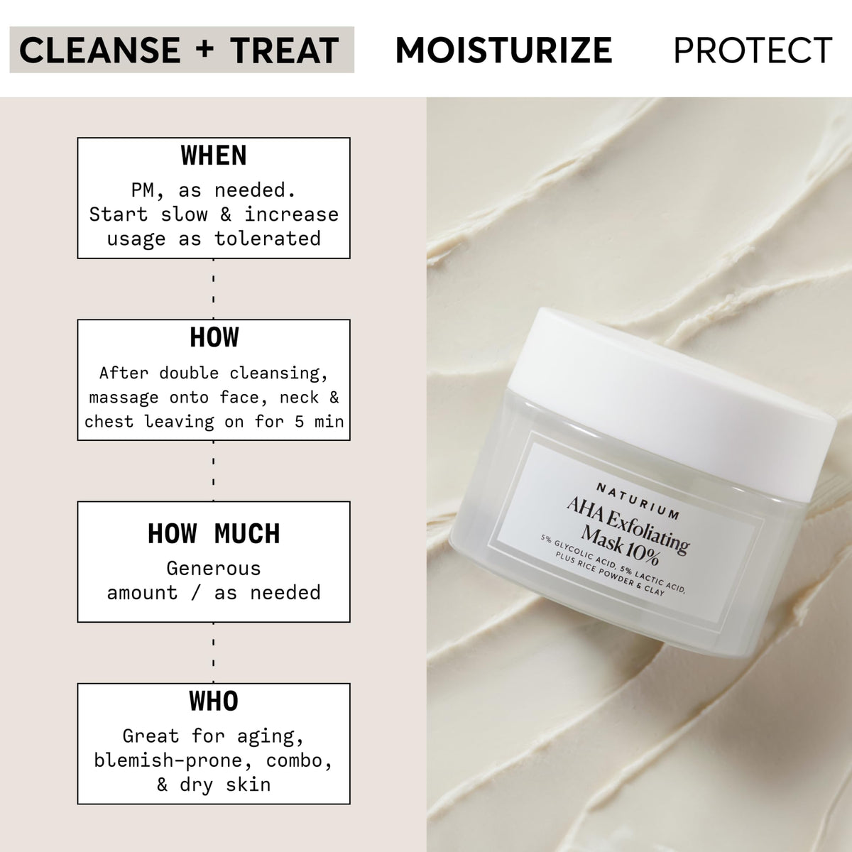 Naturium mask texture close-up revealing creamy exfoliating granules for smoothness