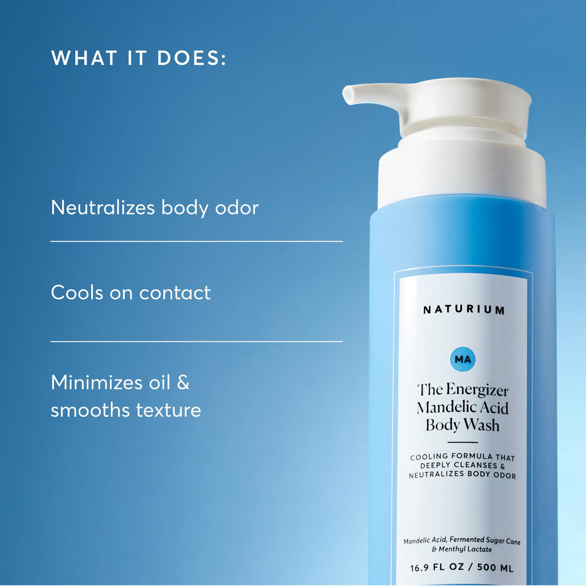naturium pouring from bottle onto loofah showing easy dispensing and foaming