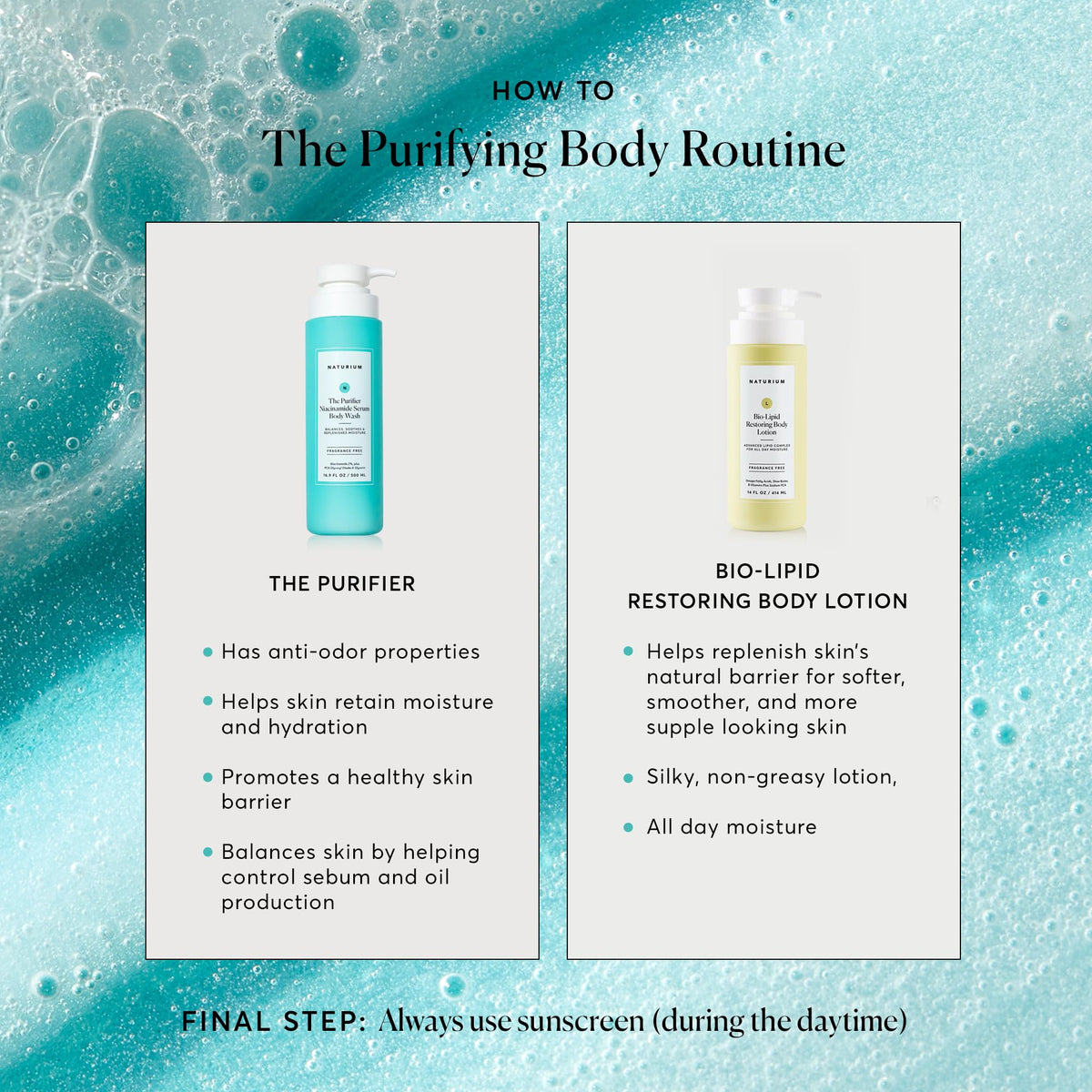Naturium in-shower use lifestyle scene, illustrating nurturing daily routine
