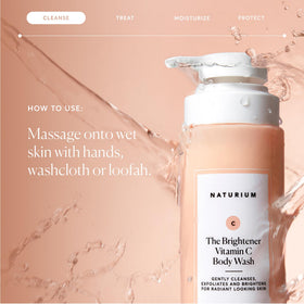 Naturium bottle on shower shelf lifestyle shot conveying daily routine benefit