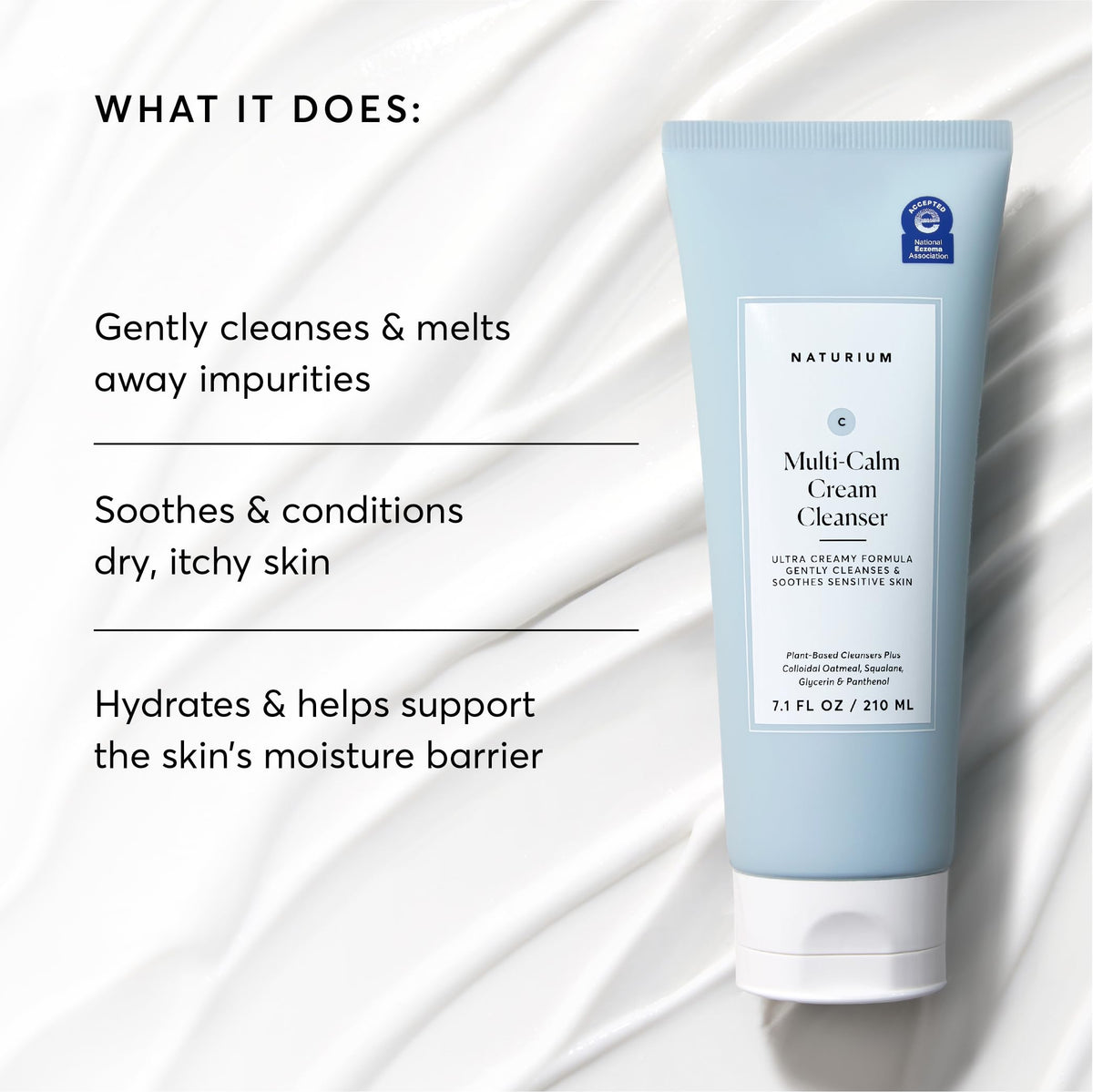 Close-up of Naturium cream-to-milk texture demonstrating gentle, hydrating formula for sensitive skin