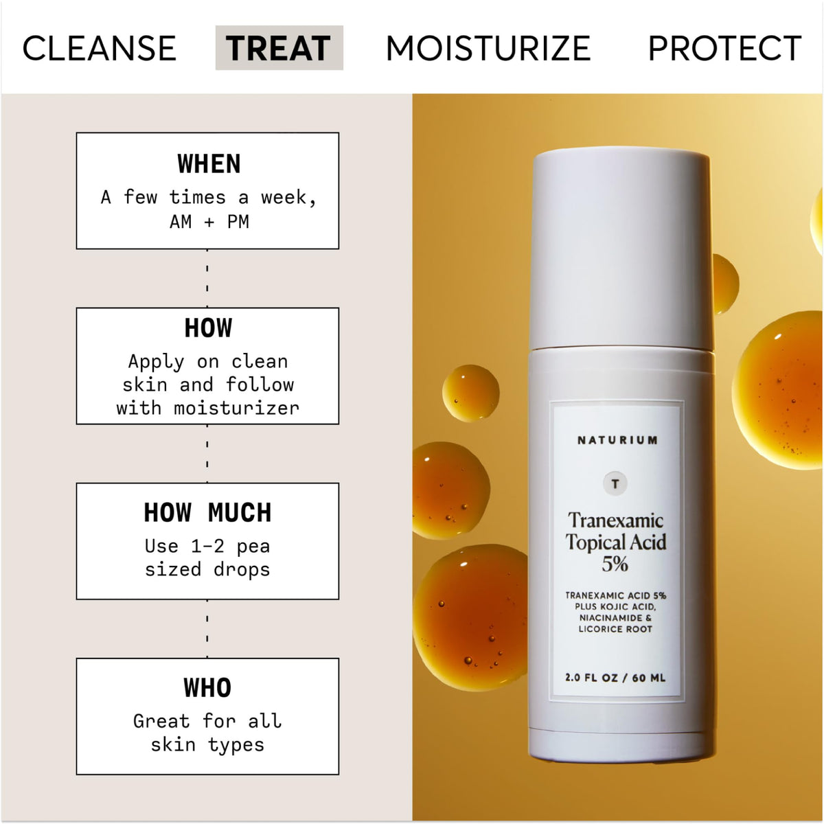 Naturium ingredient label highlighting tranexamic, kojic, niacinamide benefits