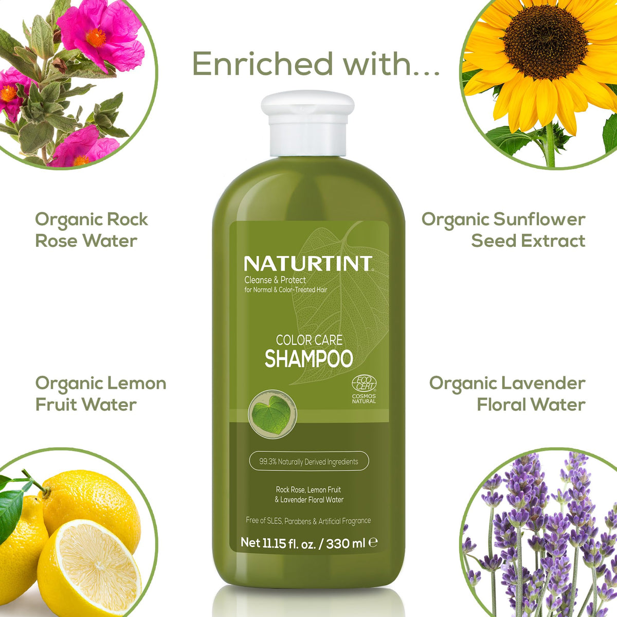 Naturtint natural ingredients display with sunflower lemon lavender, emphasizing nourishment