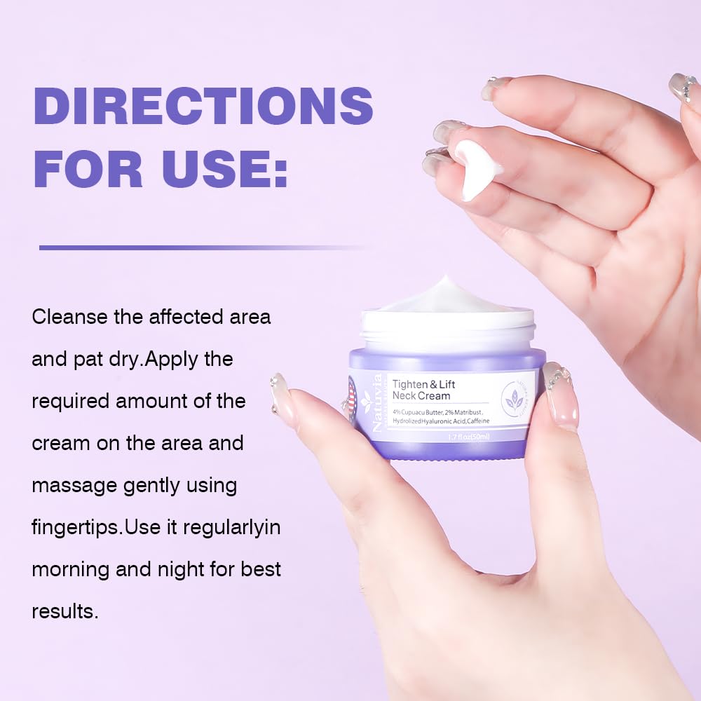 Applying Natuvia to neck with upward strokes to lift and hydrate