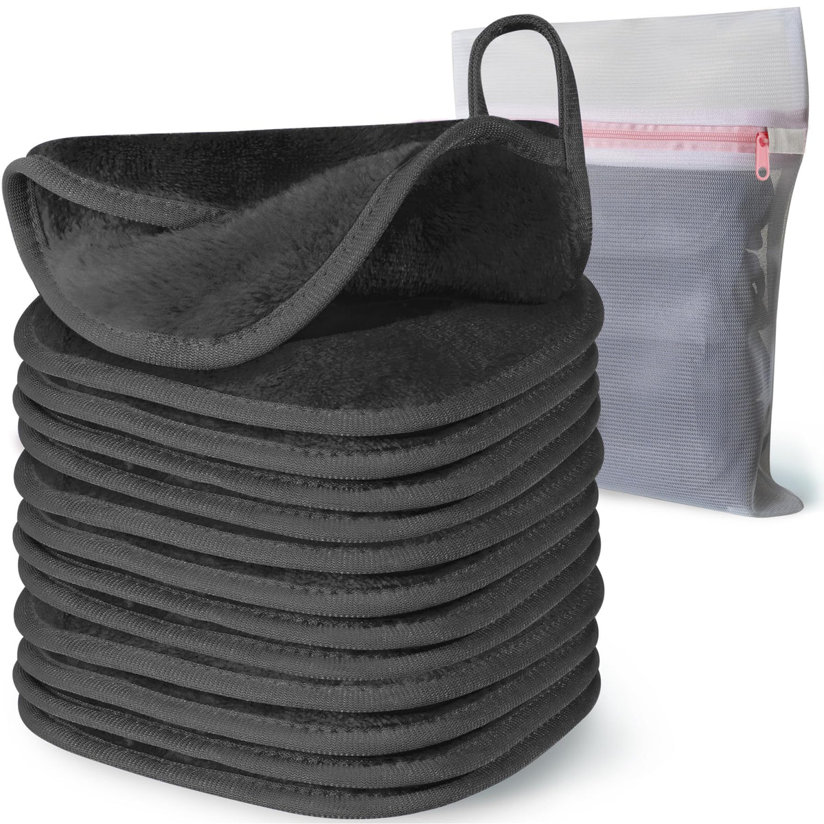 Natwag 12-pack front view showing compact reusable makeup remover cloths and benefits