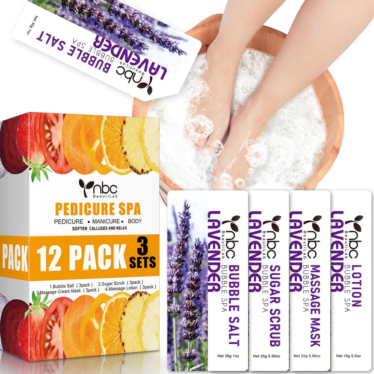 nbc BeautiLab boxed pedicure kit showing packaged four-step set and benefits