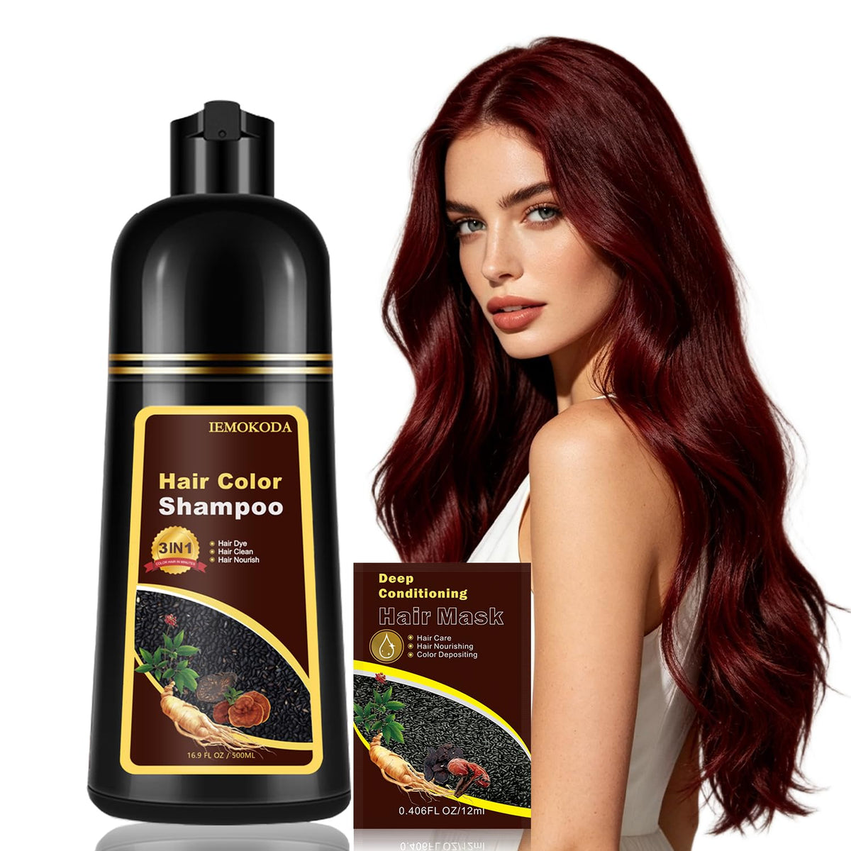 NCEPROHR front bottle showing dark burgundy shampoo and easy use benefit