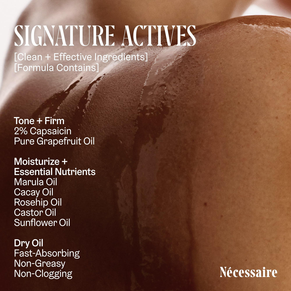 Nécessaire ingredients panel highlighting niacinamide and plant oils benefit