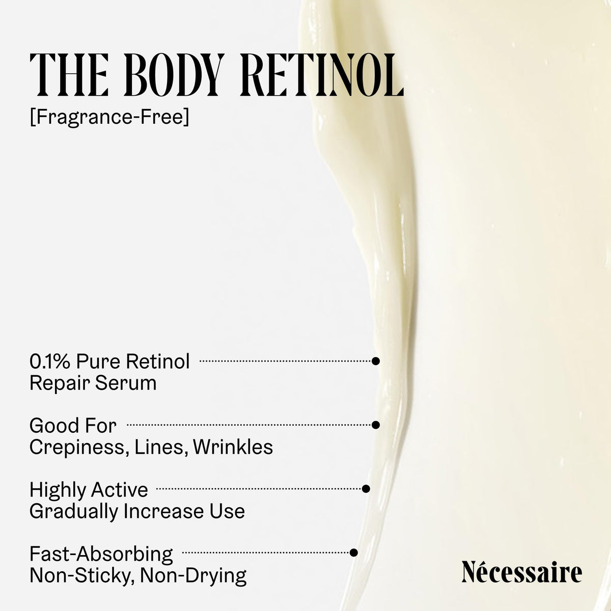 Applying Nécessaire retinol to arm to reduce crepiness and smooth skin