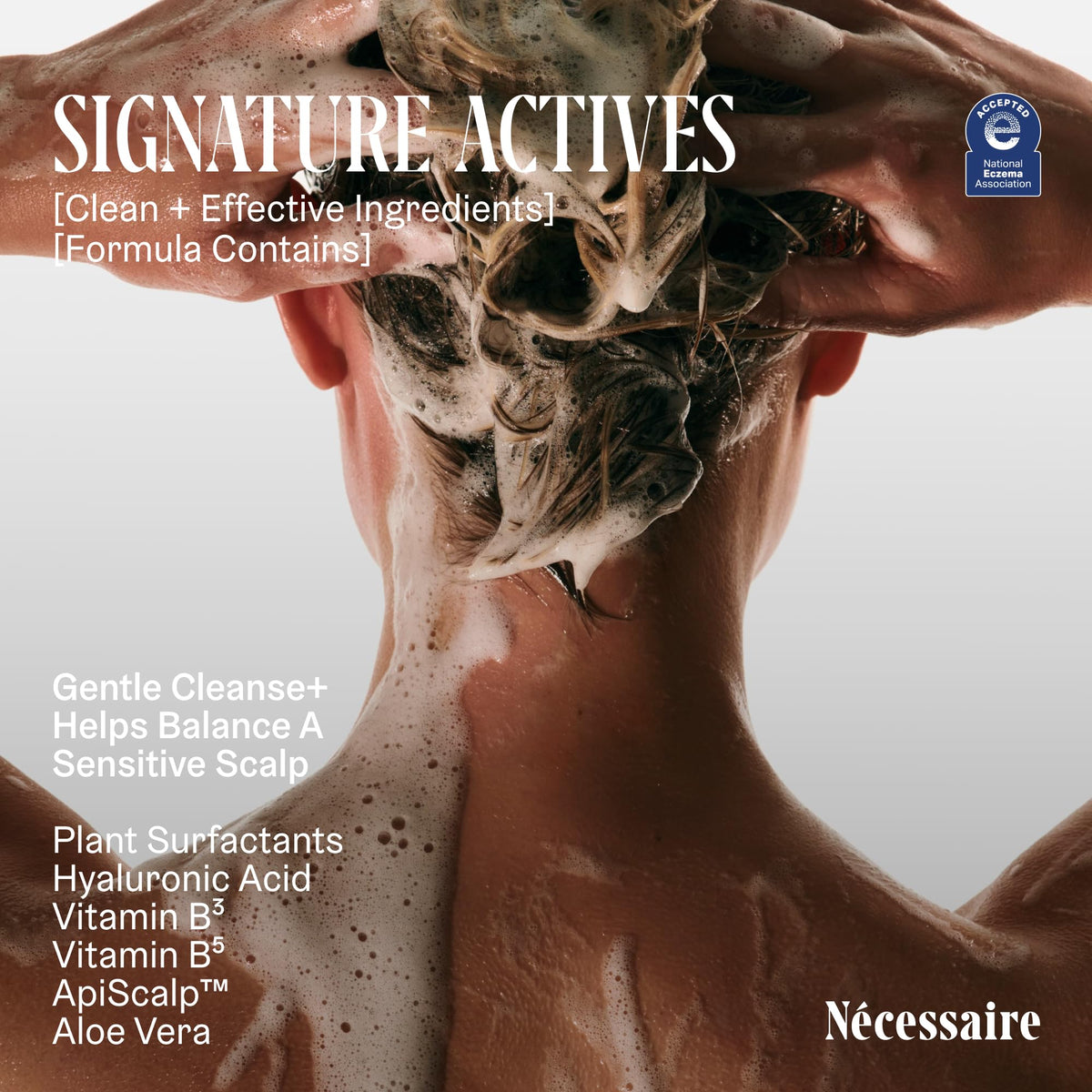 Nécessaire label with National Eczema Association seal indicating gentle formula