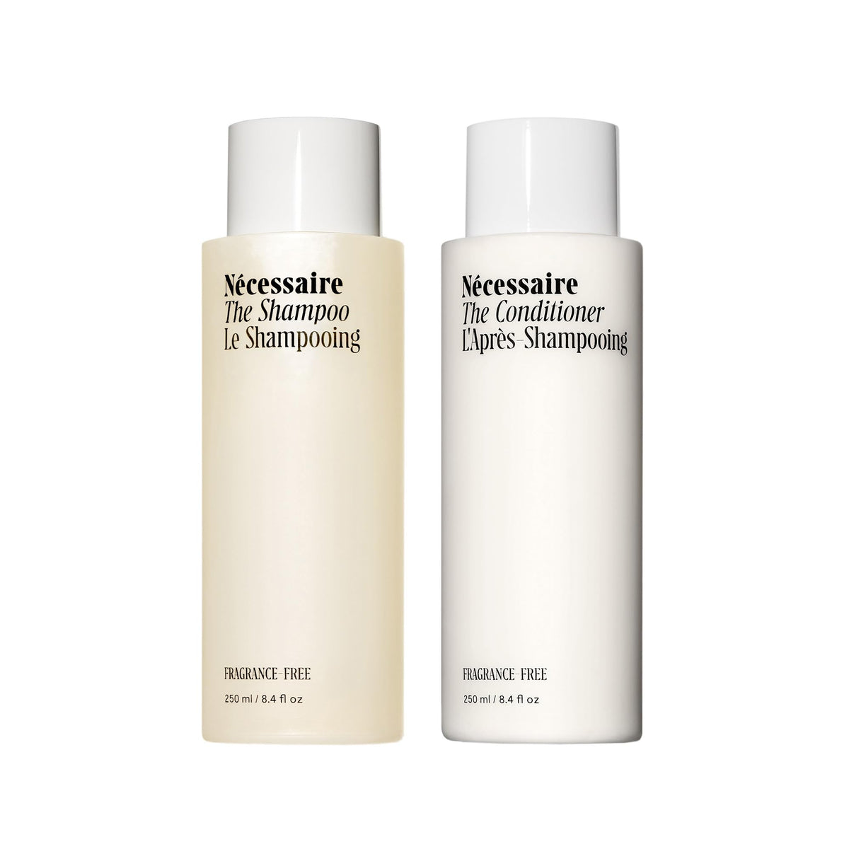 Nécessaire hair duo front packaging showing both bottles and benefits