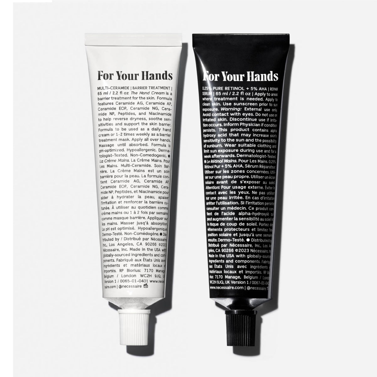 Nécessaire hand cream tube close-up showing applicator and quick absorption benefit